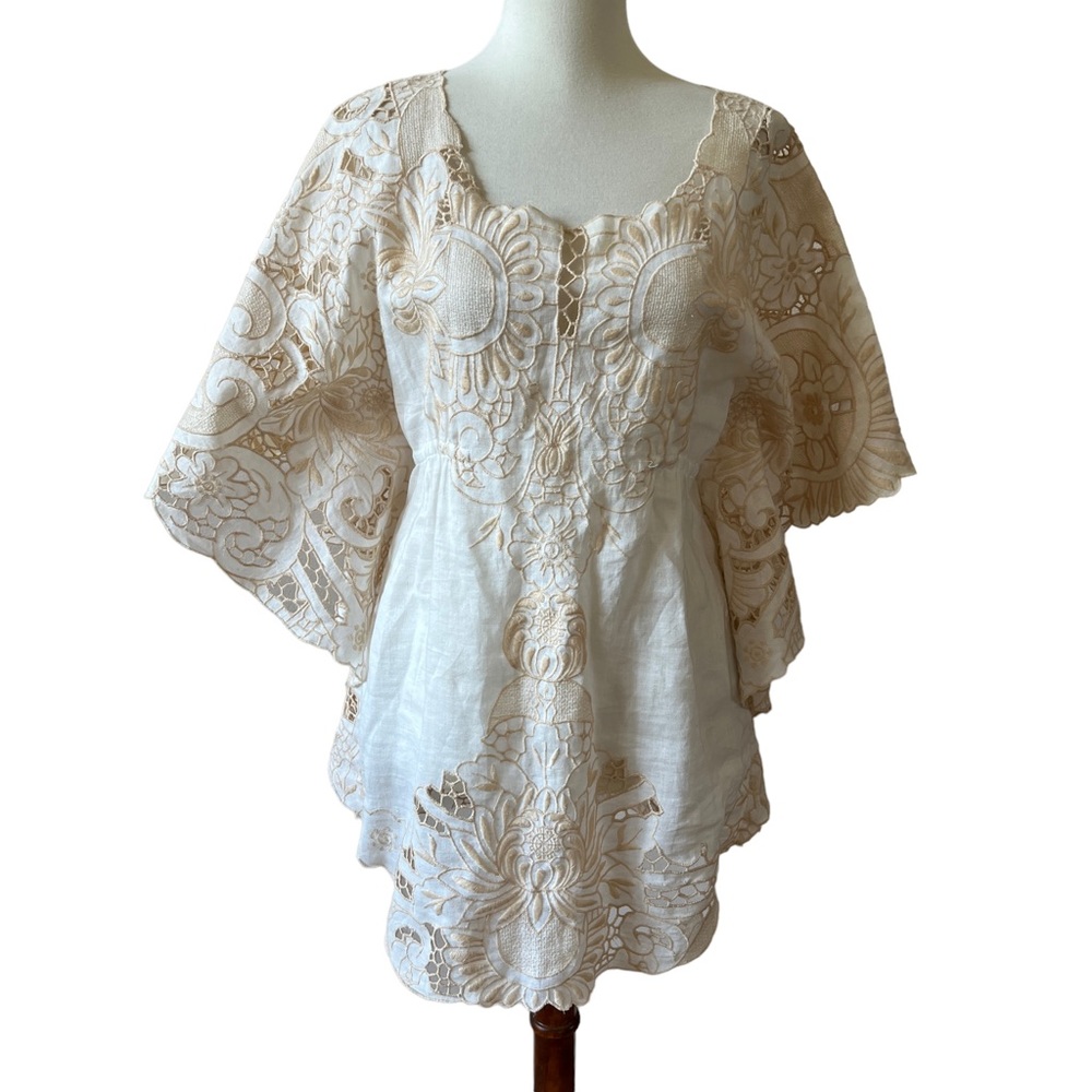 YOANA BARASCHI MYKONOS LINEN TOP EMBROIDERED BUTTERFLY WING SMOCK BACK BOHO S